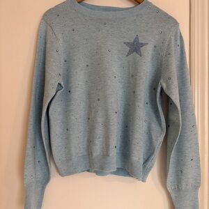 NWT Nanette Lepore Pullover crewneck sweater heather blue stars rhinestones L